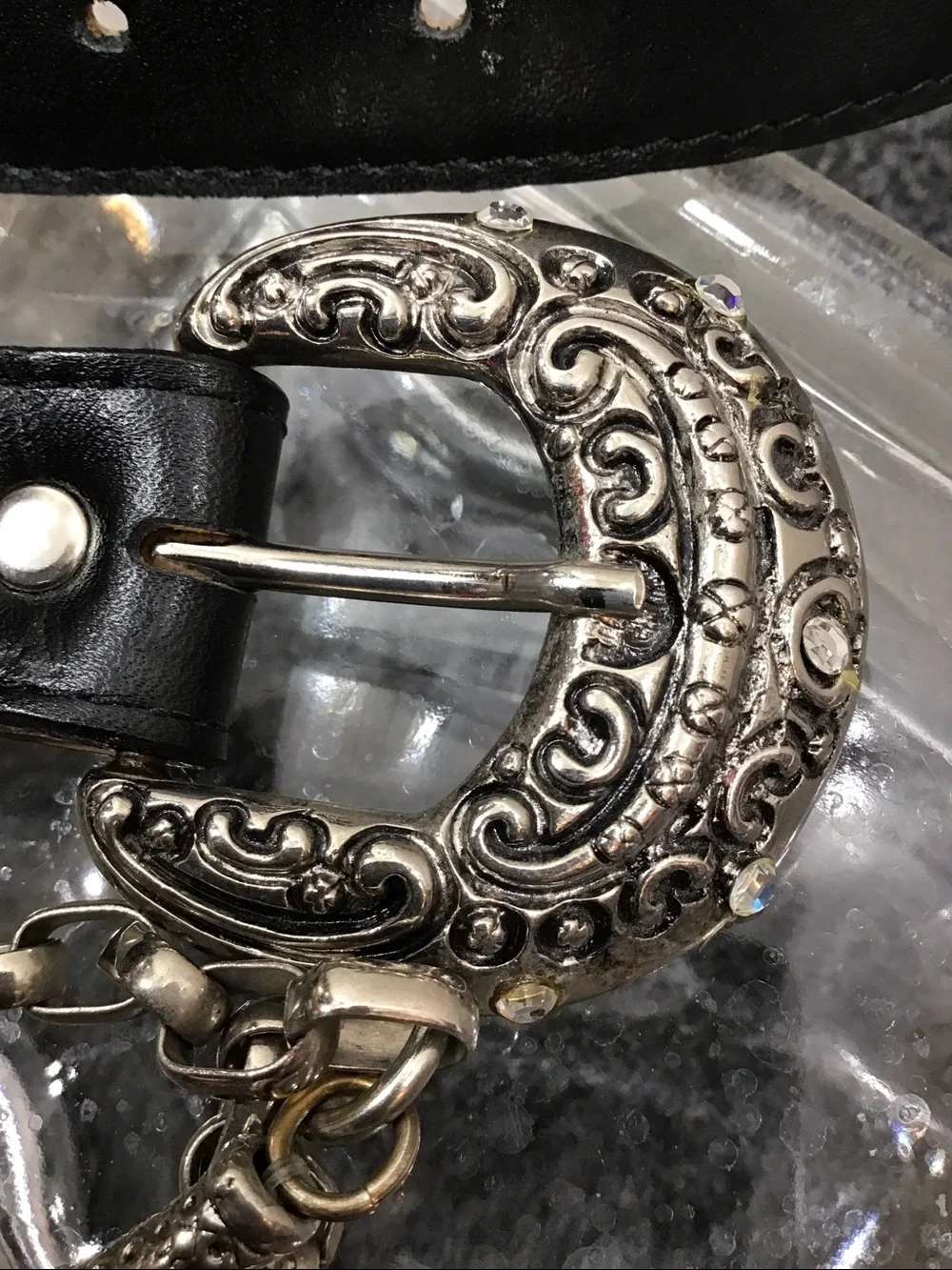 Leatherrock vintage Black Leather Chain Accent Belt with Silver Filigree Buckle